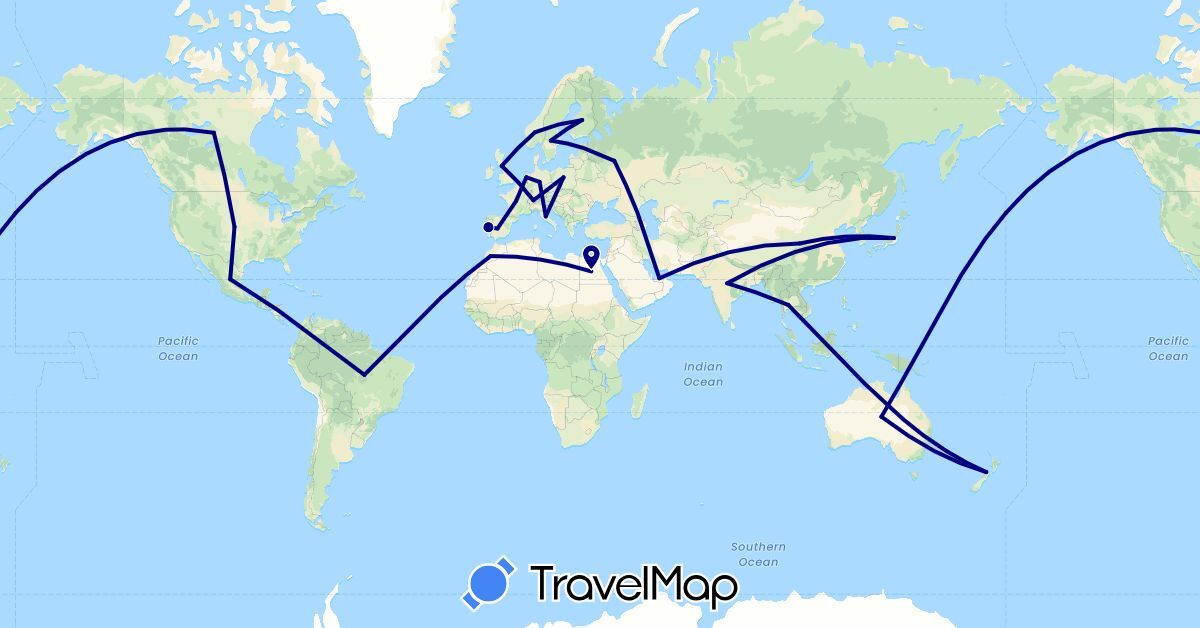 TravelMap itinerary: driving in Brazil, Canada, Switzerland, China, Germany, Egypt, Spain, Finland, France, United Kingdom, India, Italy, Japan, South Korea, Morocco, Netherlands, Norway, New Zealand, Poland, Portugal, Russia, Sweden, Thailand (Africa, Asia, Europe, North America, Oceania, South America)